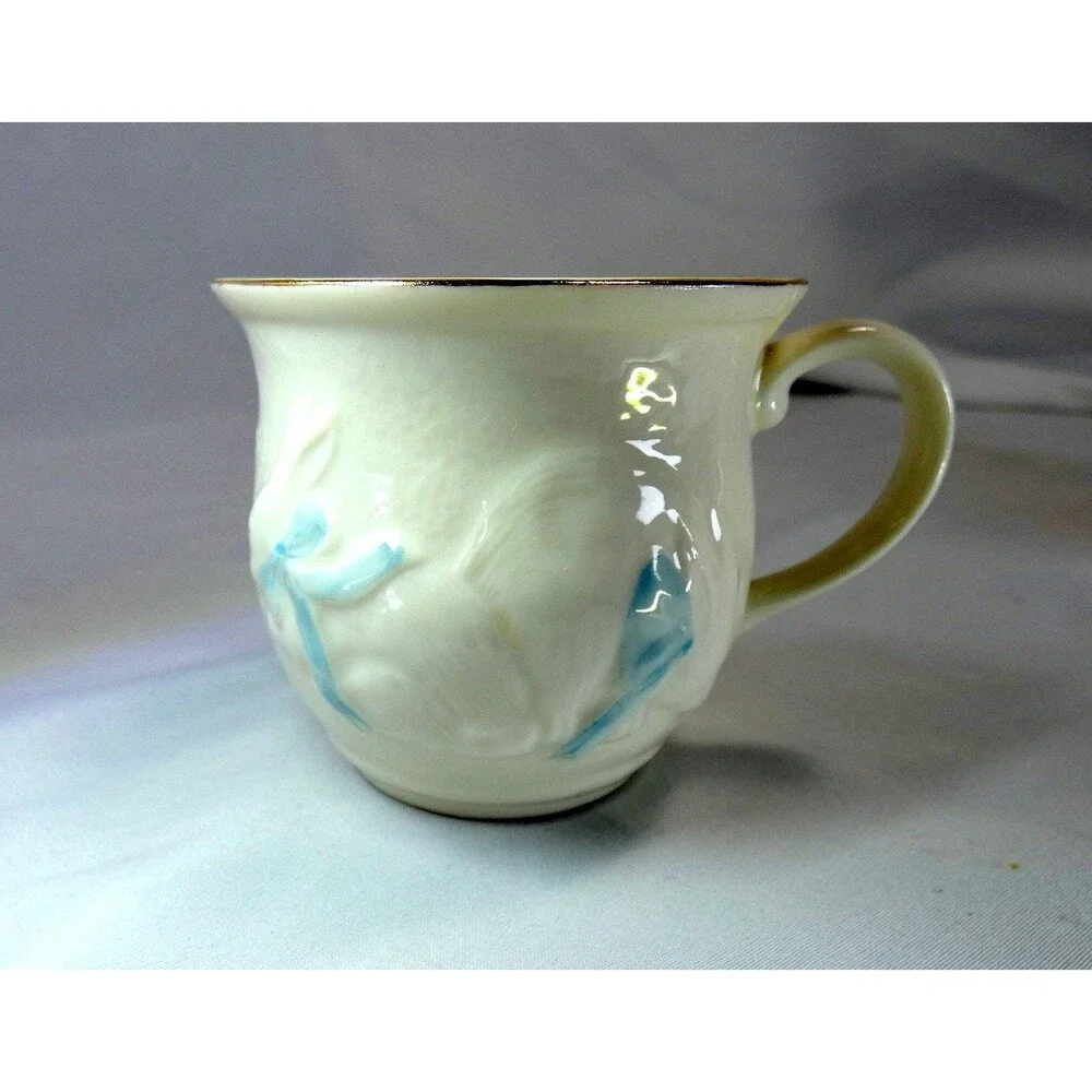 2 BELEEK Nursery Baptism Christening Cups Porcelain w Gold Ireland Bunny Twins